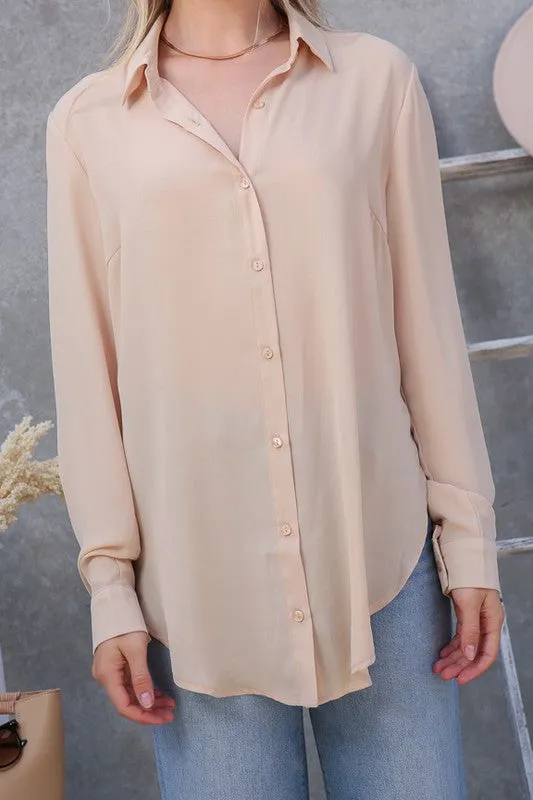 Classic Trendy Solid Long Sleeve Button Down Chiffon Blouse Shirt