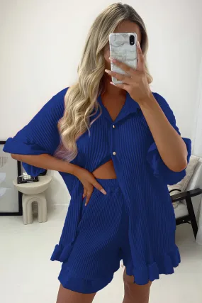Colette Royal Blue Plisse Pleated Frill Hem Shirt and Shorts Co-Ord Set