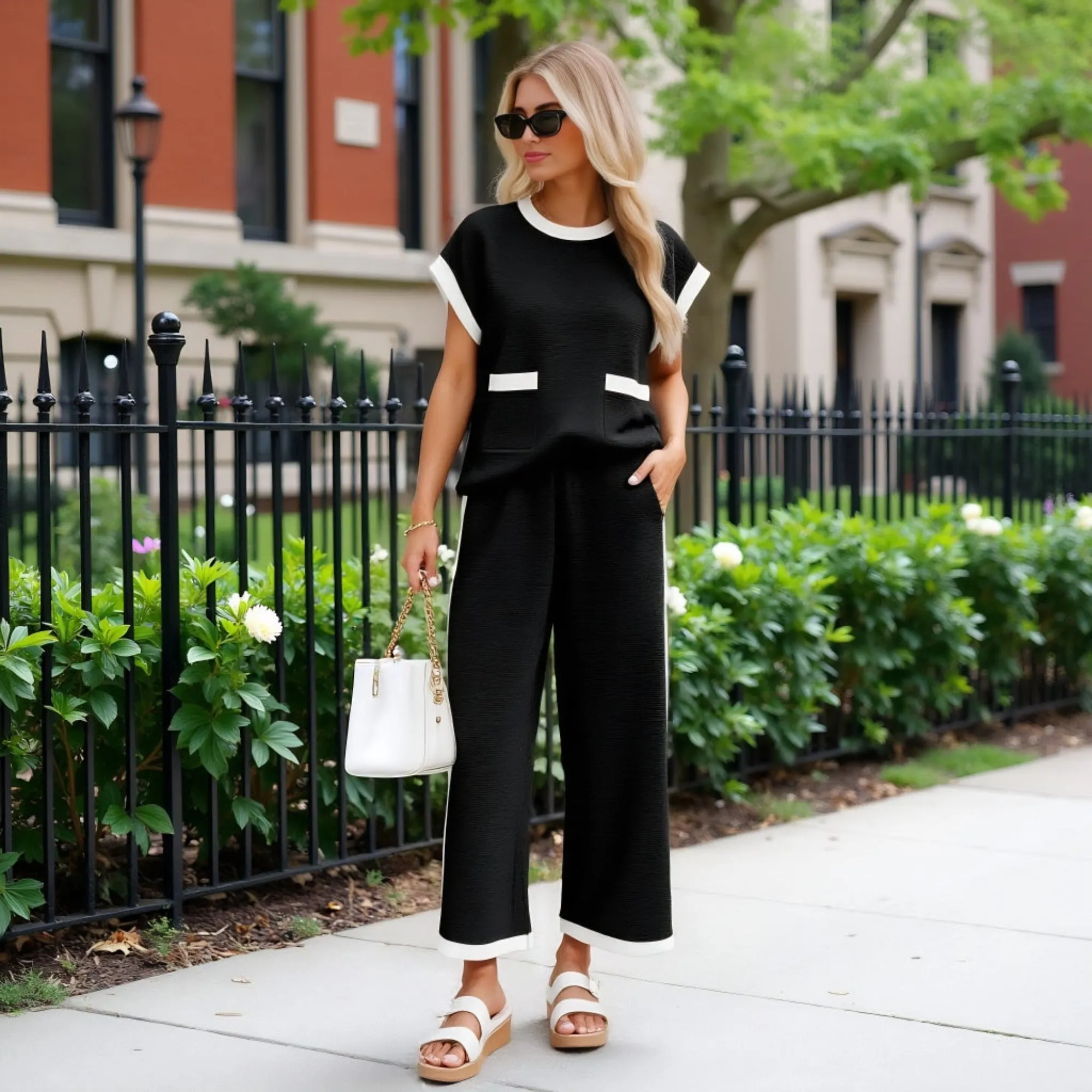 Contrast Trim Short Sleeve Top and Wide Leg Pant Set with Front Pockets