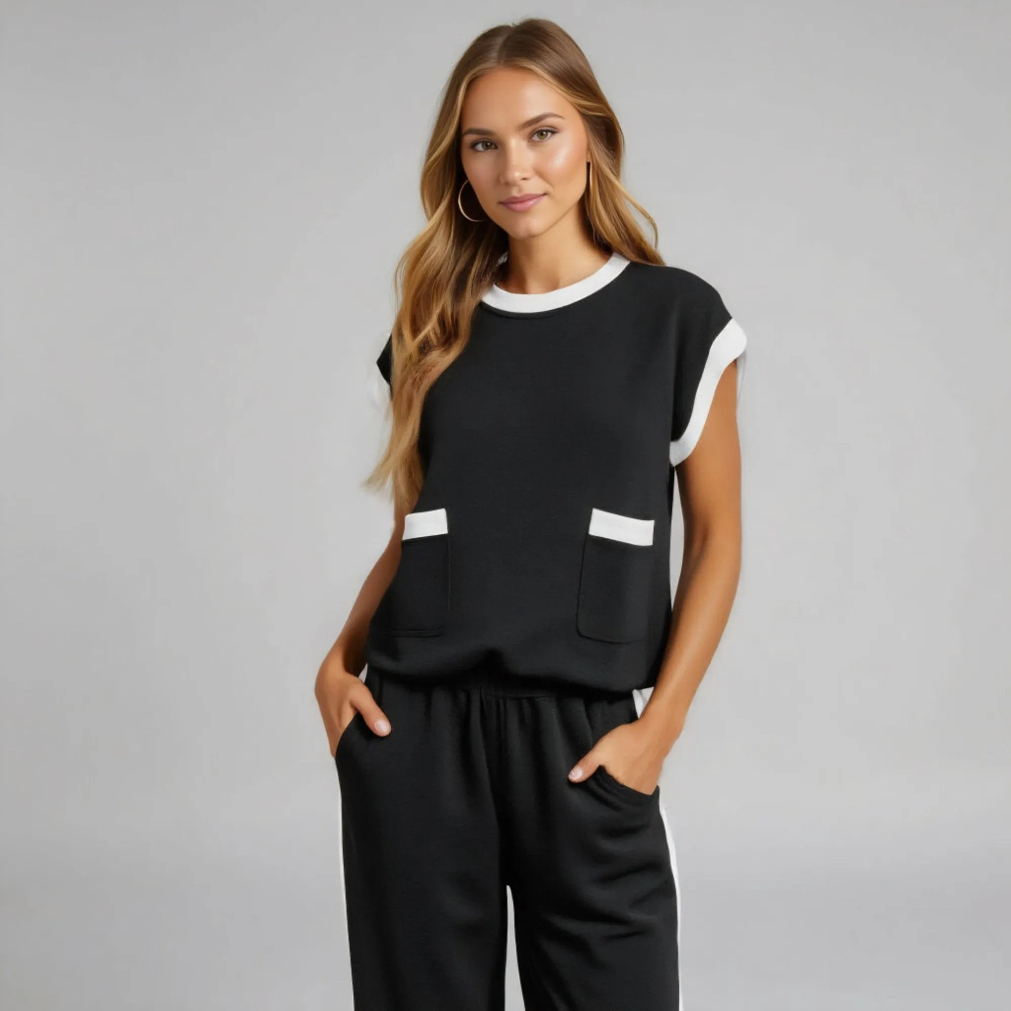 Contrast Trim Short Sleeve Top and Wide Leg Pant Set with Front Pockets