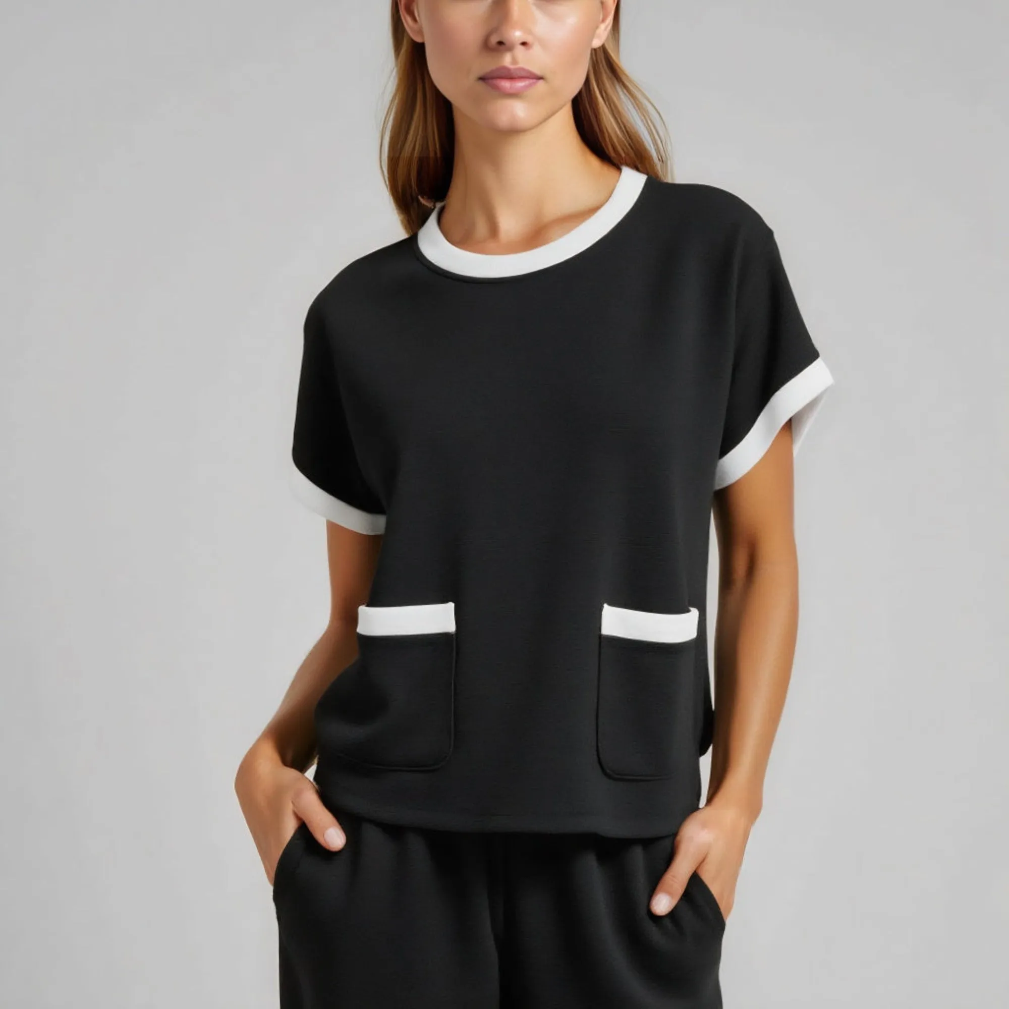 Contrast Trim Short Sleeve Top and Wide Leg Pant Set with Front Pockets