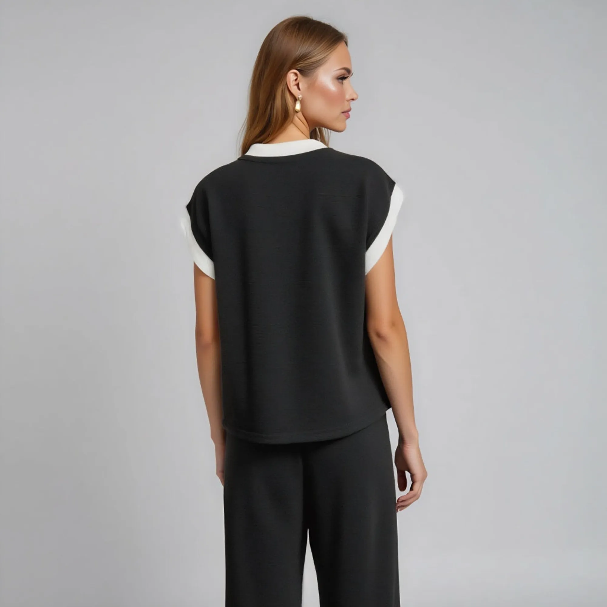 Contrast Trim Short Sleeve Top and Wide Leg Pant Set with Front Pockets
