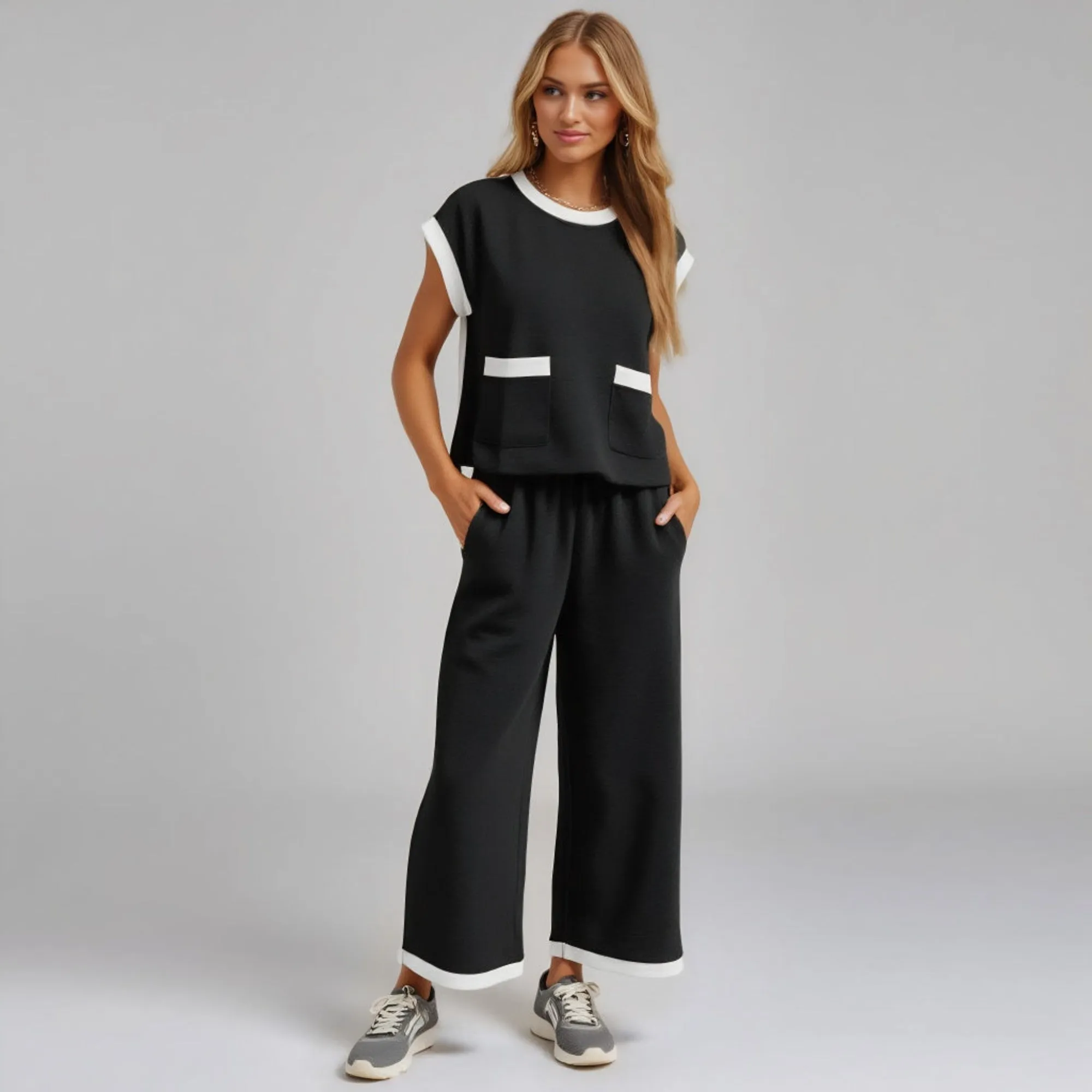 Contrast Trim Short Sleeve Top and Wide Leg Pant Set with Front Pockets