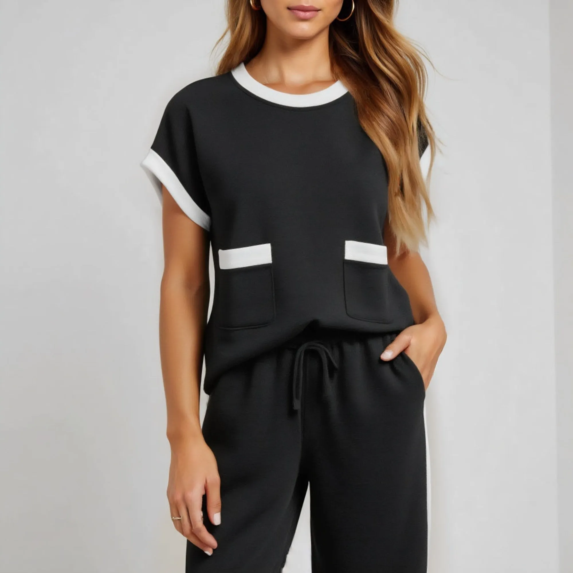 Contrast Trim Short Sleeve Top and Wide Leg Pant Set with Front Pockets
