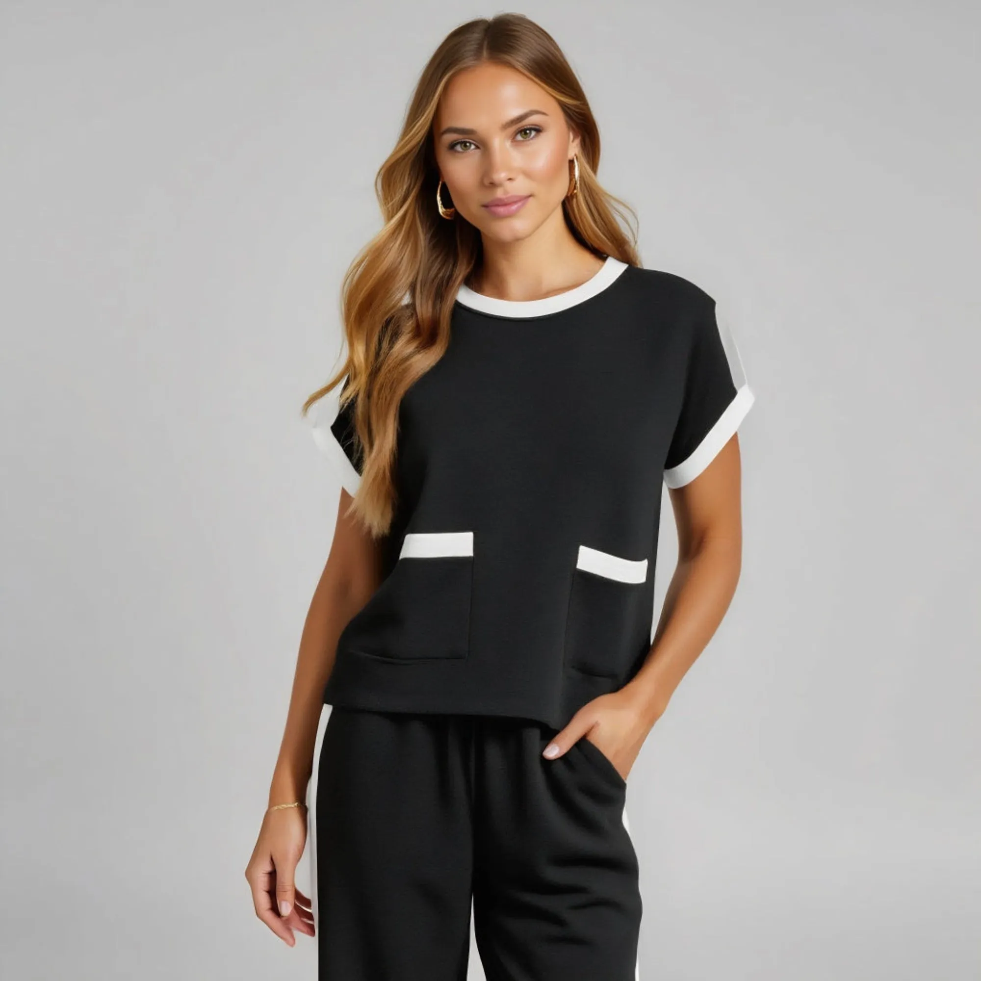 Contrast Trim Short Sleeve Top and Wide Leg Pant Set with Front Pockets
