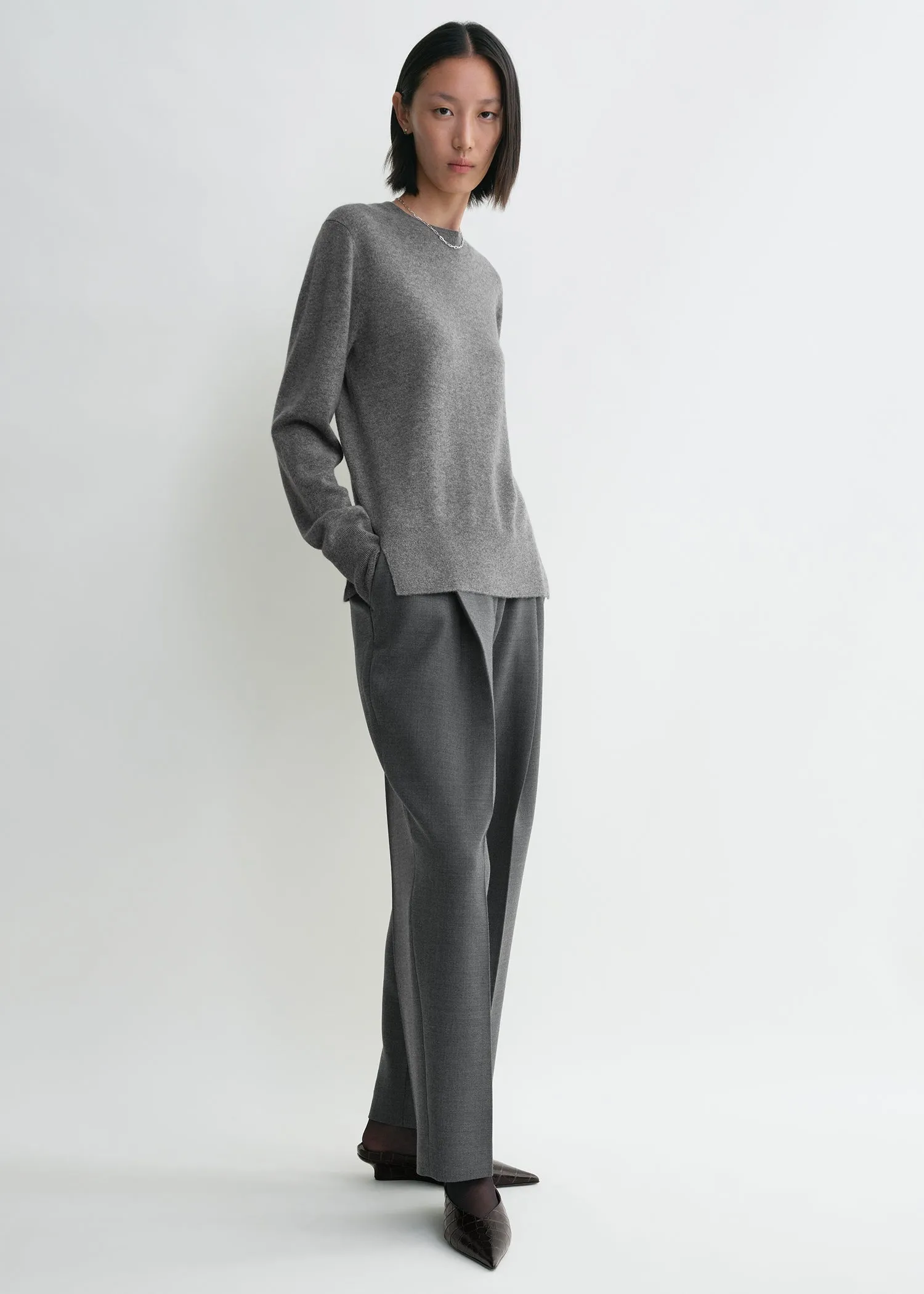 Crew-neck cashmere knit grey melange