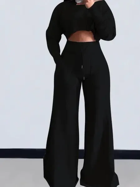 Cropped Long Sleeve Top and Wide Leg Pants 2-Pc Set