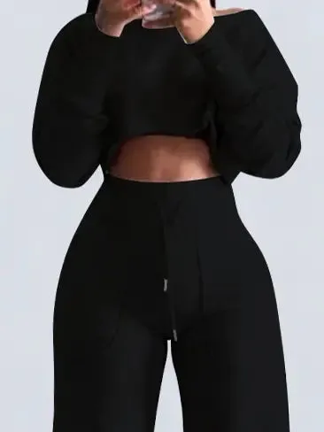 Cropped Long Sleeve Top and Wide Leg Pants 2-Pc Set