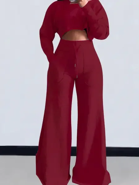 Cropped Long Sleeve Top and Wide Leg Pants 2-Pc Set
