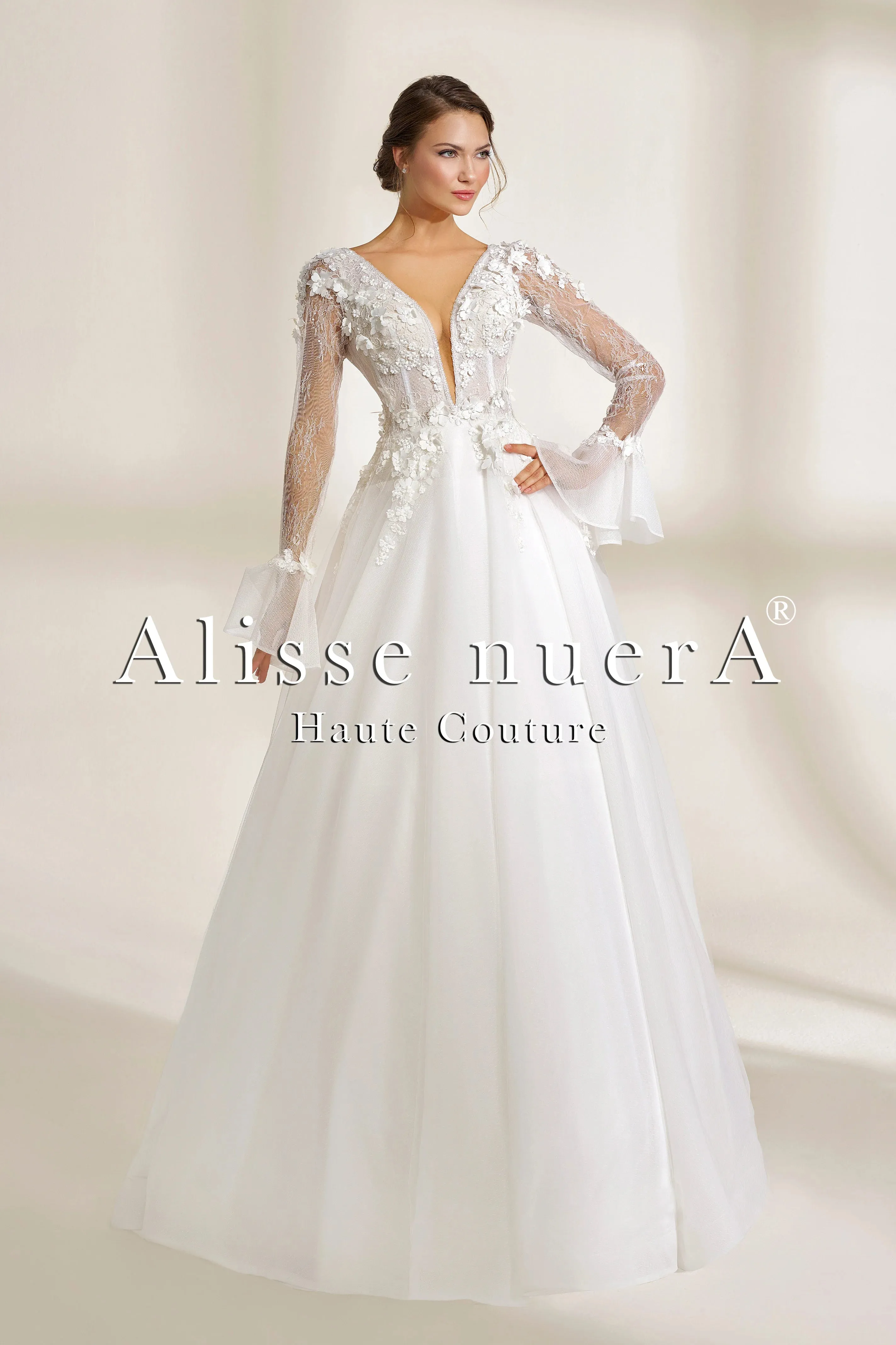 Deep V-Neck Bohemian Wedding Dress with Sheer Sleeves and 3D Floral Appliqués