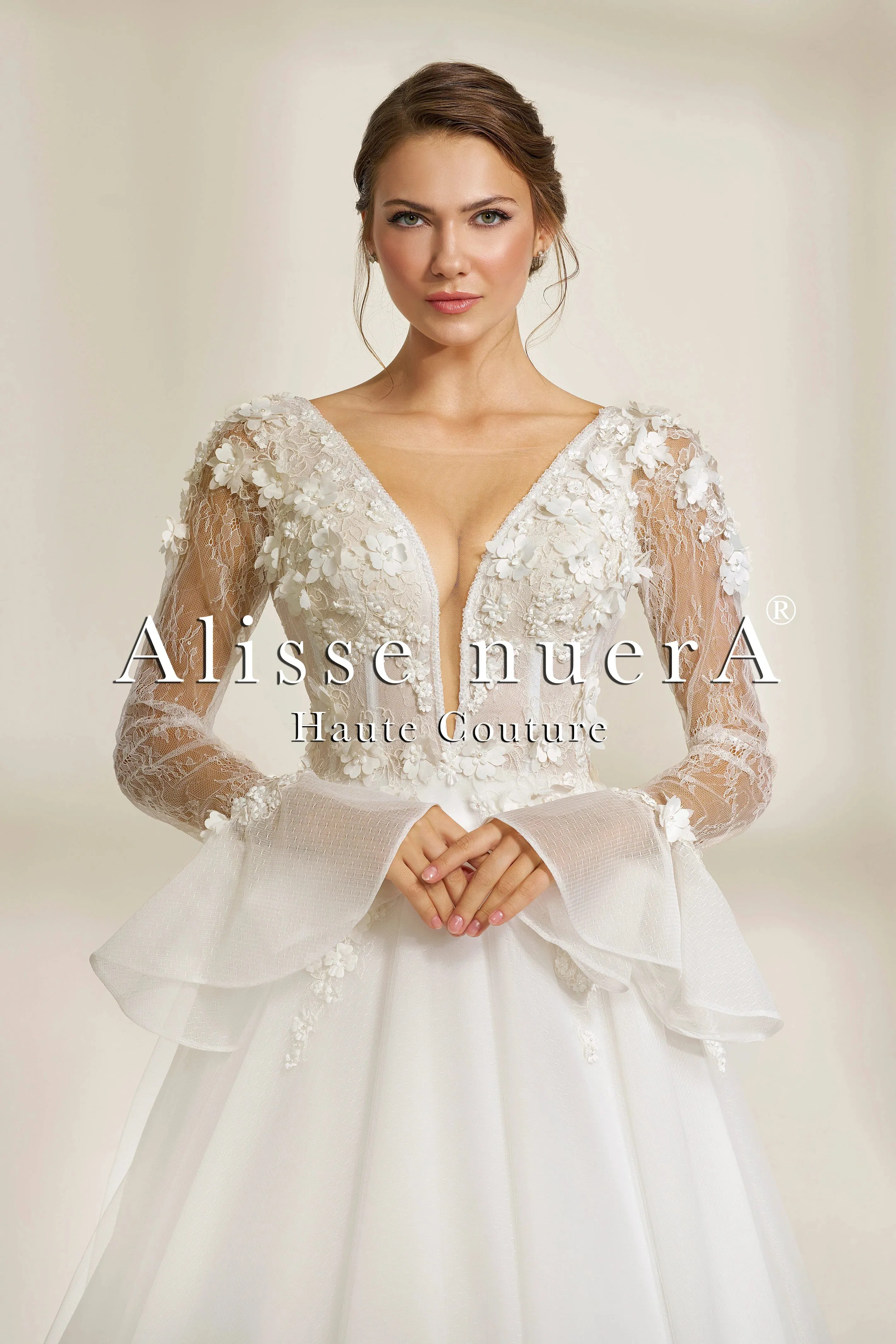 Deep V-Neck Bohemian Wedding Dress with Sheer Sleeves and 3D Floral Appliqués