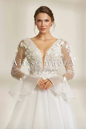 Deep V-Neck Bohemian Wedding Dress with Sheer Sleeves and 3D Floral Appliqués