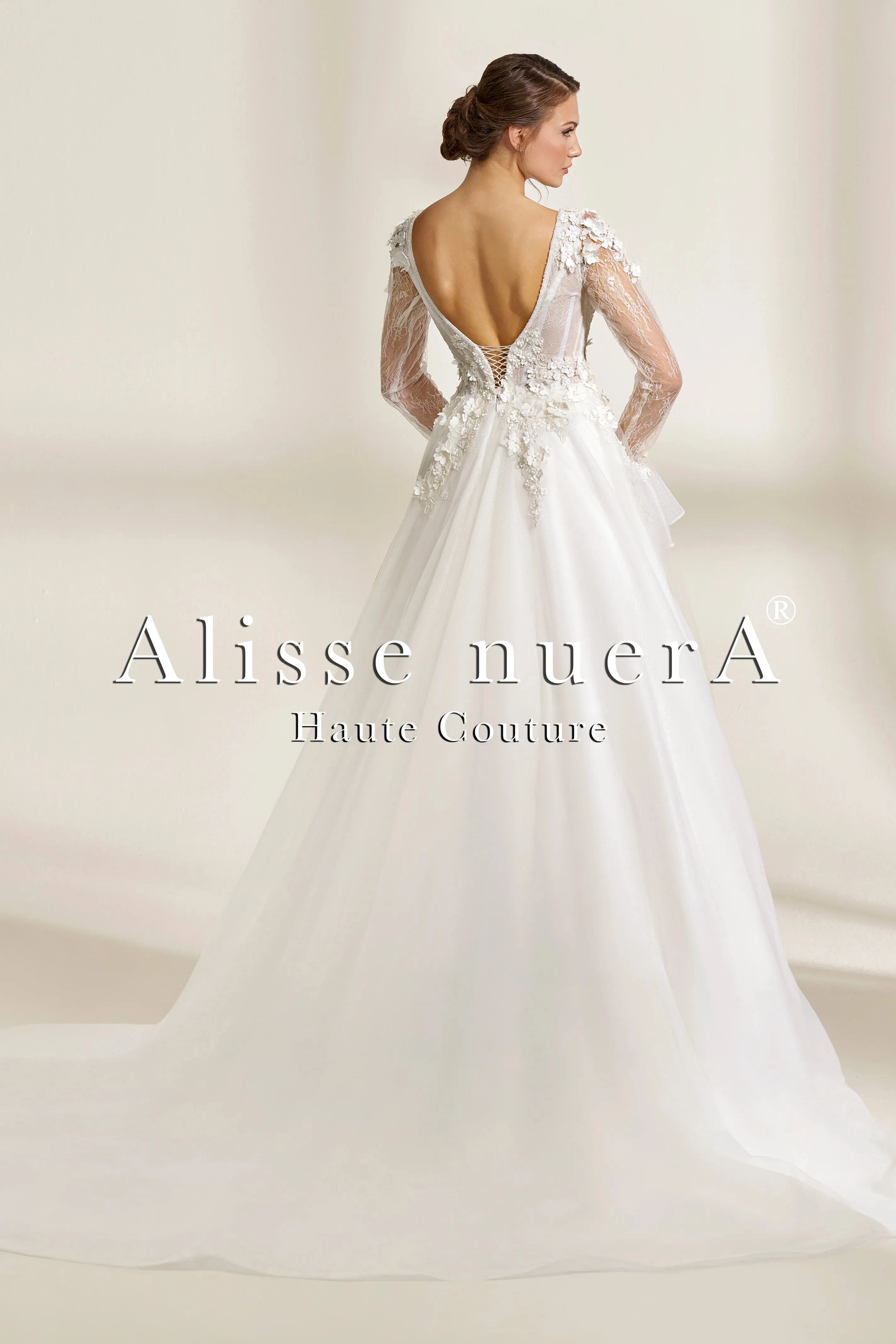 Deep V-Neck Bohemian Wedding Dress with Sheer Sleeves and 3D Floral Appliqués