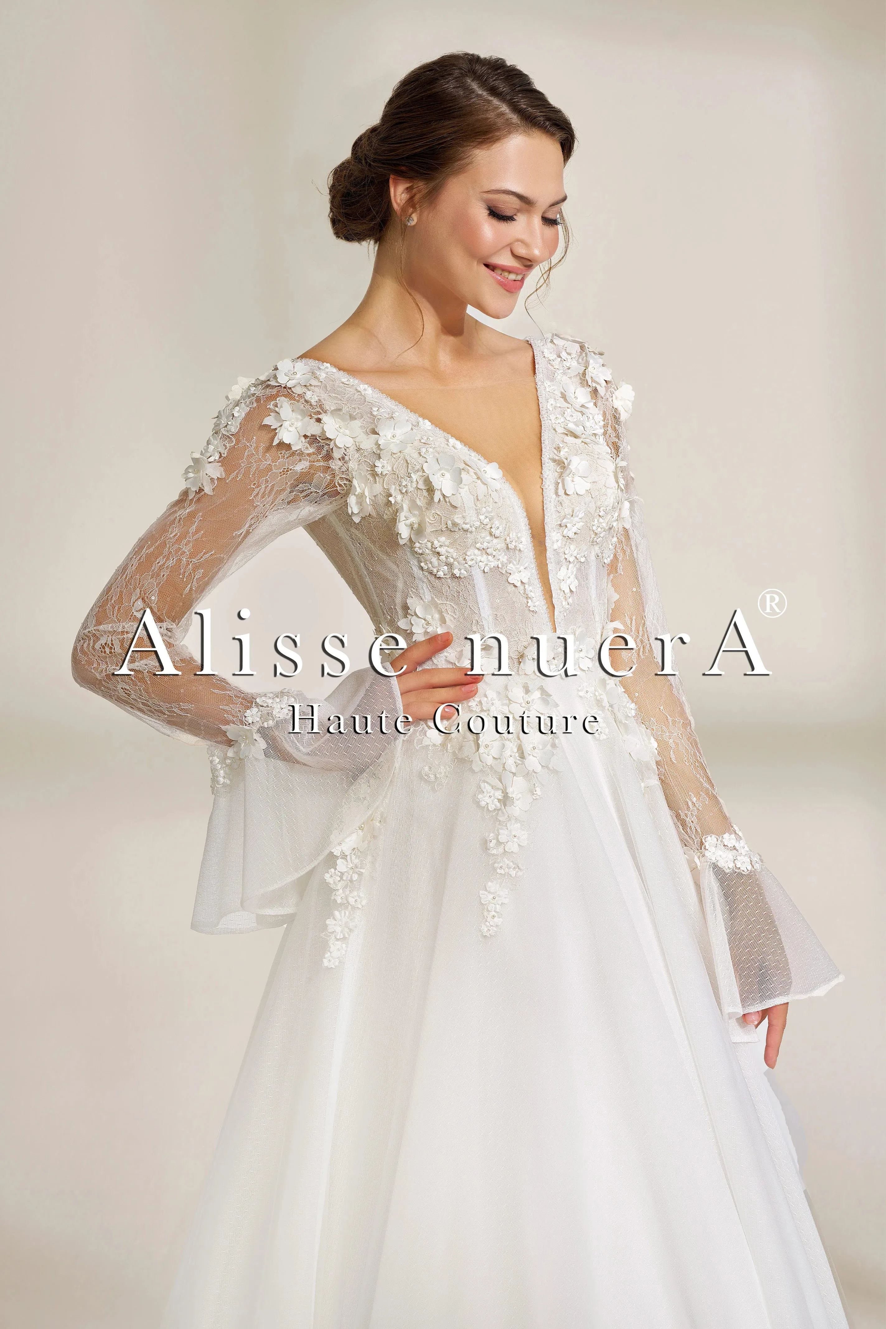 Deep V-Neck Bohemian Wedding Dress with Sheer Sleeves and 3D Floral Appliqués