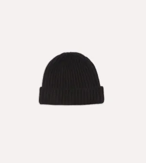 Drakes Stylish Black Cashmere Ribbed Knit Beanie