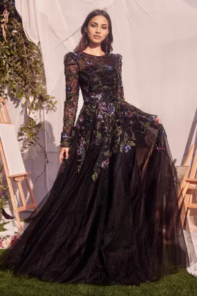 Fashionable and Beautiful Black Evening Dress Stickers Long Sleeves Prom Dresses