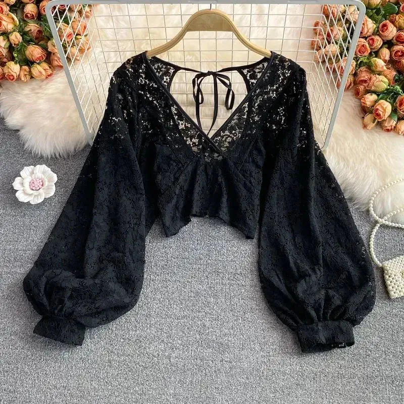 Girlary Hollow Out Lace Blouse Women Korean Sexy V-Neck Puff Long Sleeve Crop Tops Female Solid All-Match Party Tops New