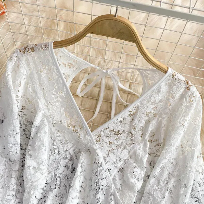 Girlary Hollow Out Lace Blouse Women Korean Sexy V-Neck Puff Long Sleeve Crop Tops Female Solid All-Match Party Tops New
