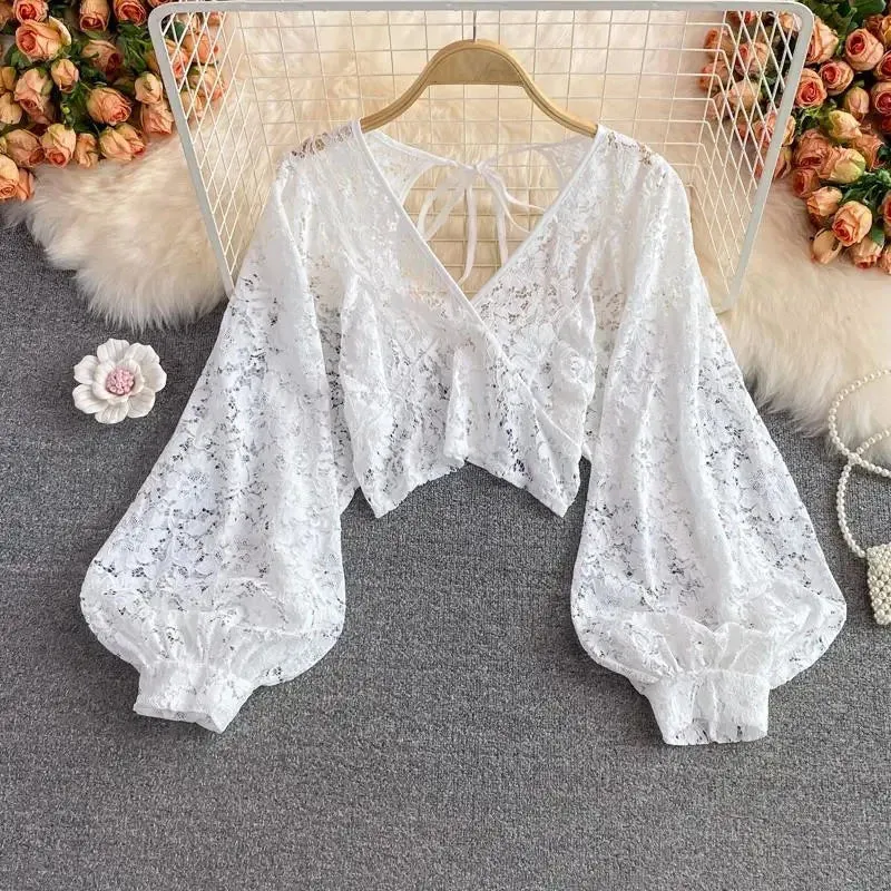 Girlary Hollow Out Lace Blouse Women Korean Sexy V-Neck Puff Long Sleeve Crop Tops Female Solid All-Match Party Tops New