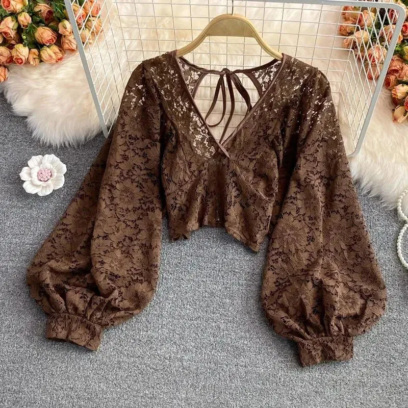 Girlary Hollow Out Lace Blouse Women Korean Sexy V-Neck Puff Long Sleeve Crop Tops Female Solid All-Match Party Tops New
