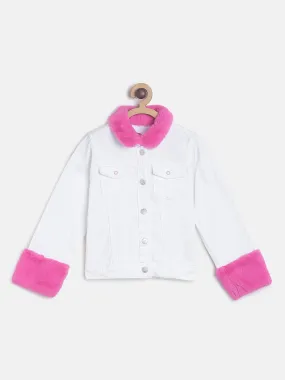 Girls Regular White Denim Jacket With Faux Fur