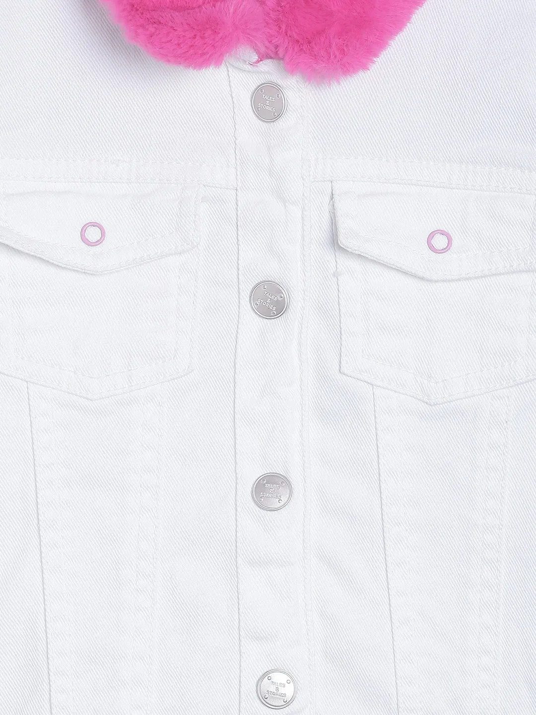 Girls Regular White Denim Jacket With Faux Fur