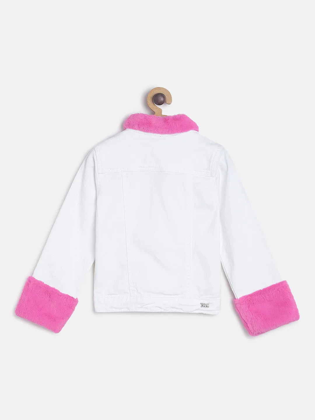 Girls Regular White Denim Jacket With Faux Fur