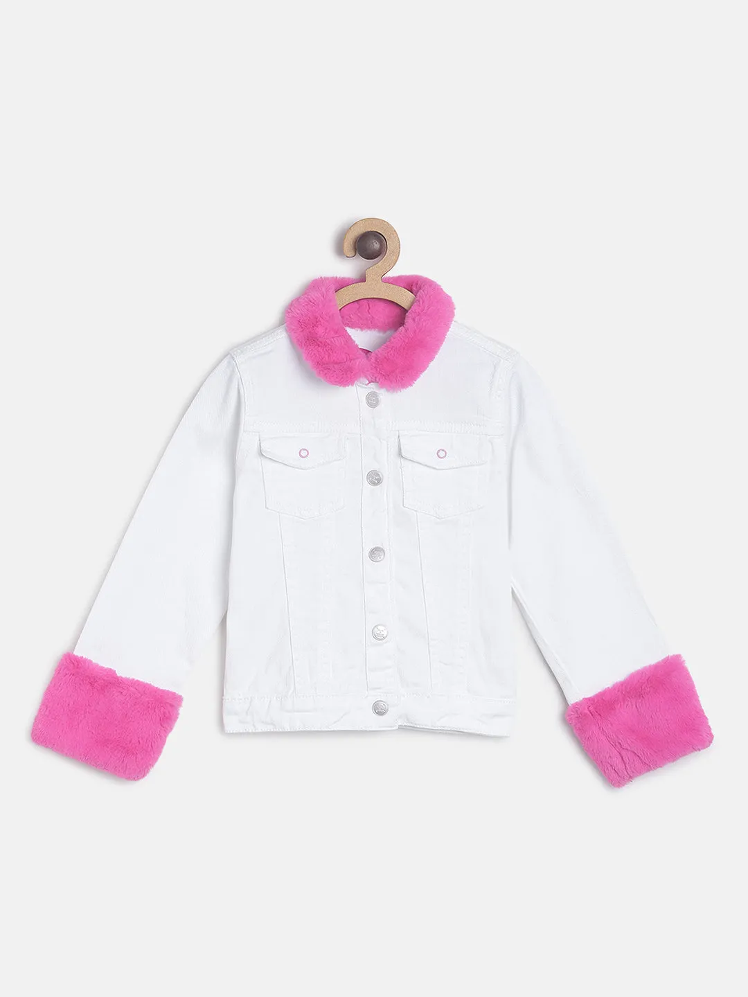 Girls Regular White Denim Jacket With Faux Fur
