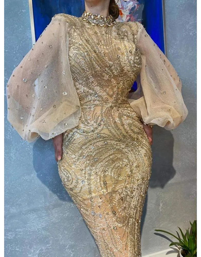 Gold Evening Dress With Sparkling Net