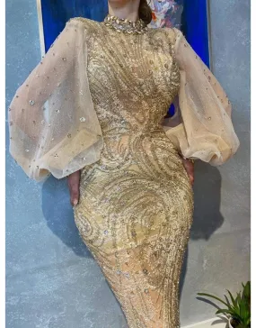 Gold Evening Dress With Sparkling Net