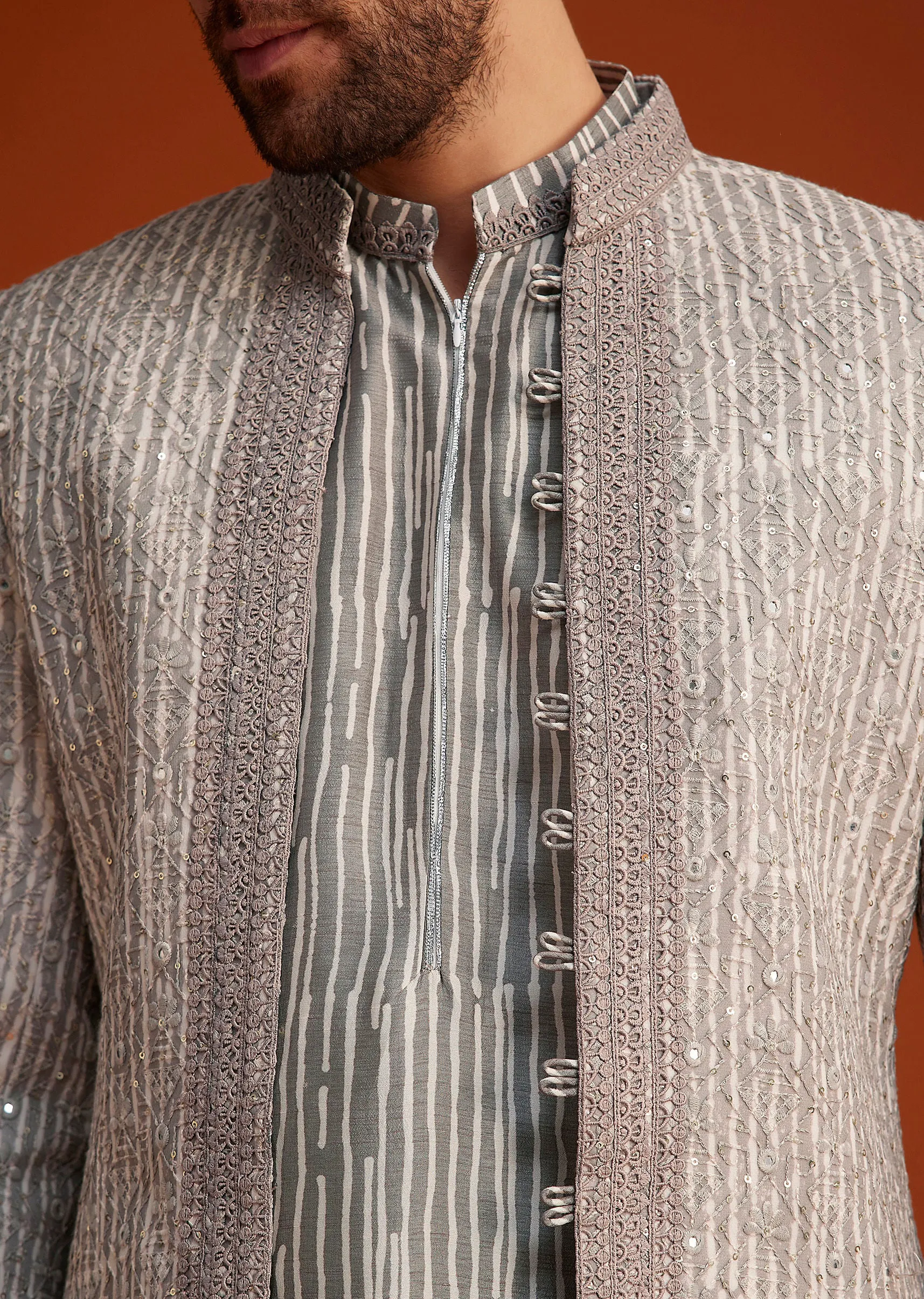 Grey Textured Jacket With Striped Kurta Set