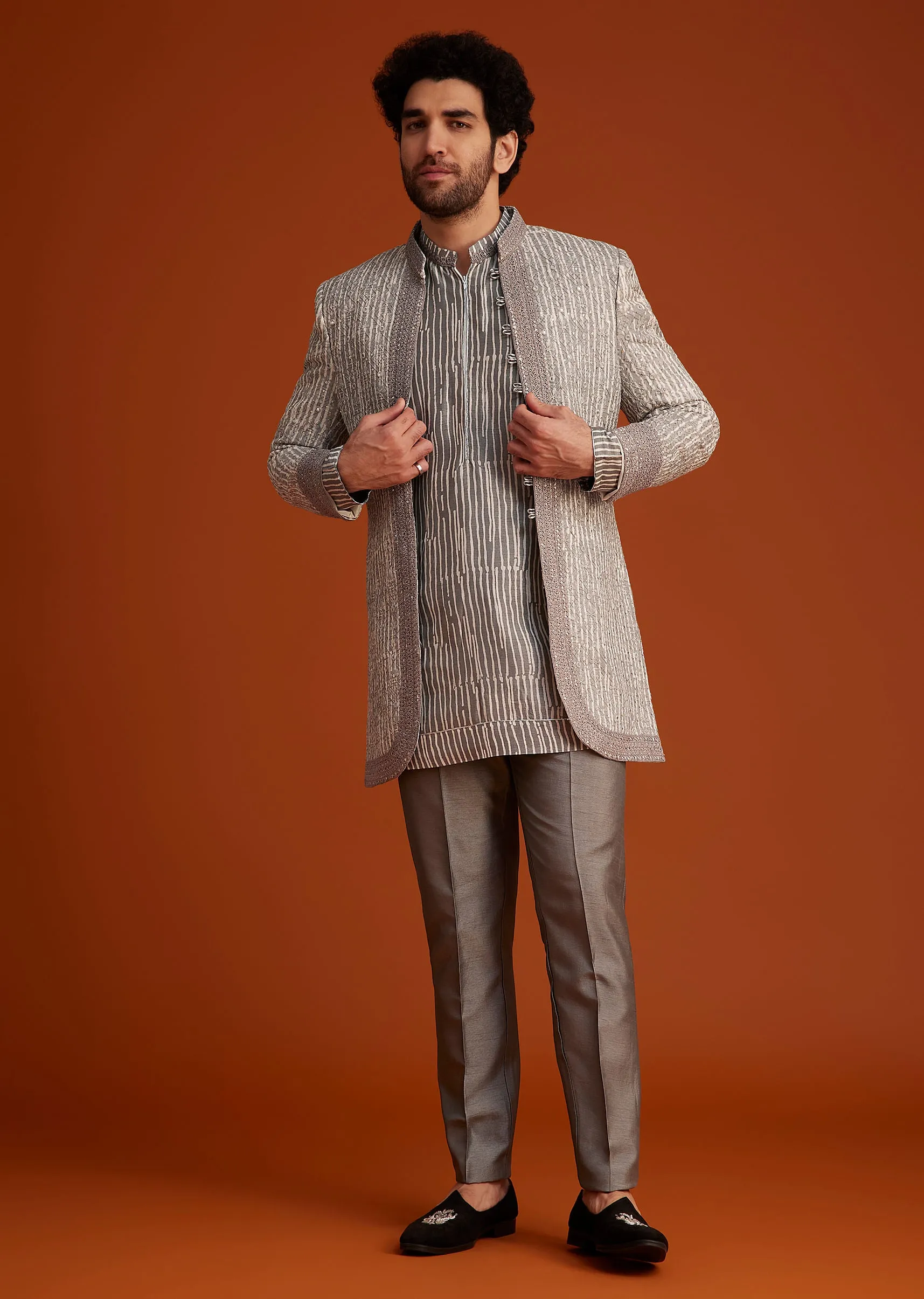 Grey Textured Jacket With Striped Kurta Set