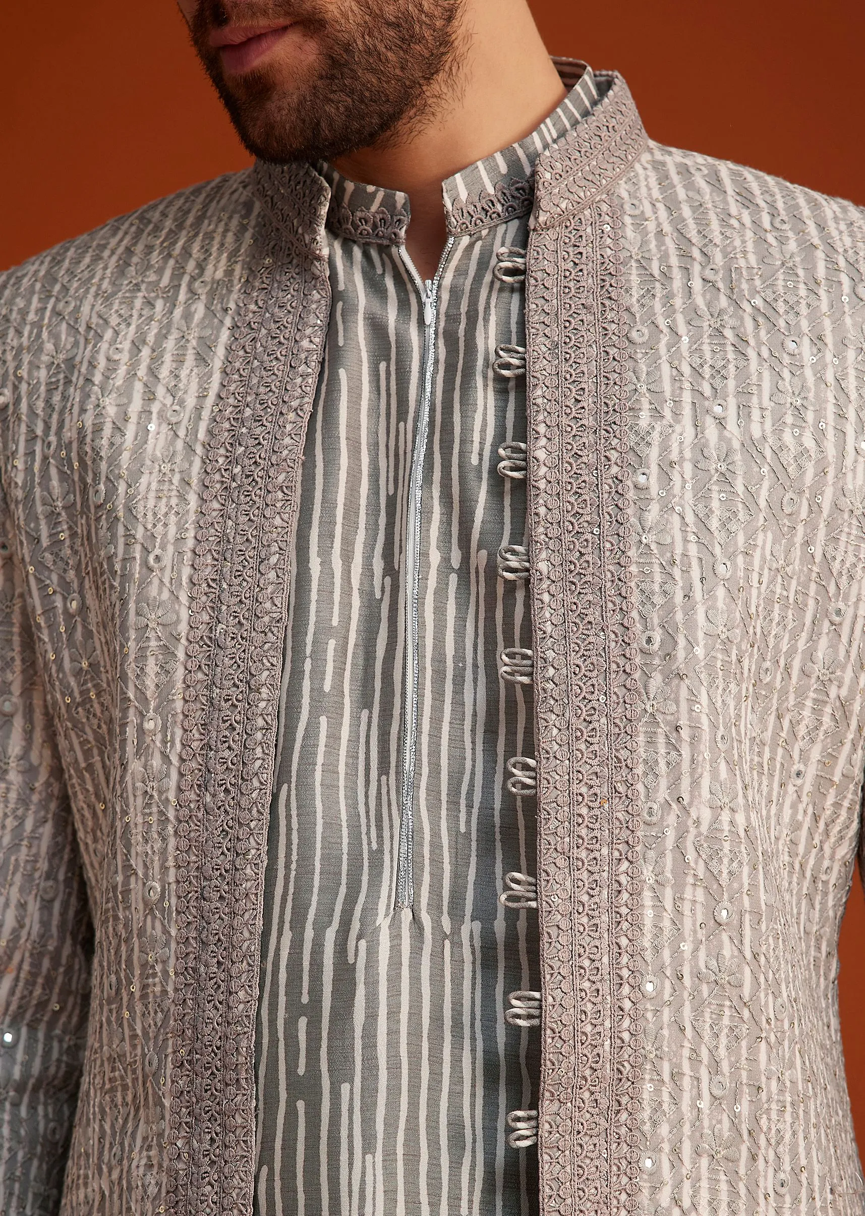 Grey Textured Jacket With Striped Kurta Set