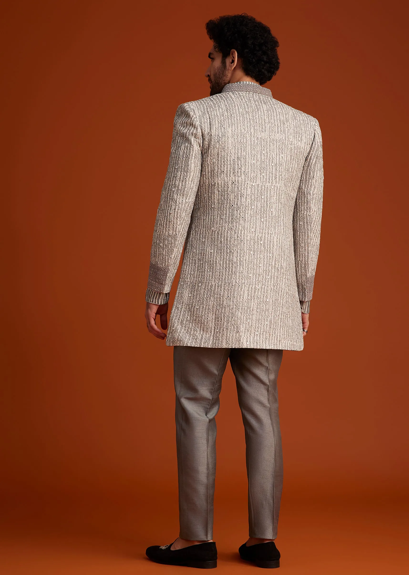 Grey Textured Jacket With Striped Kurta Set