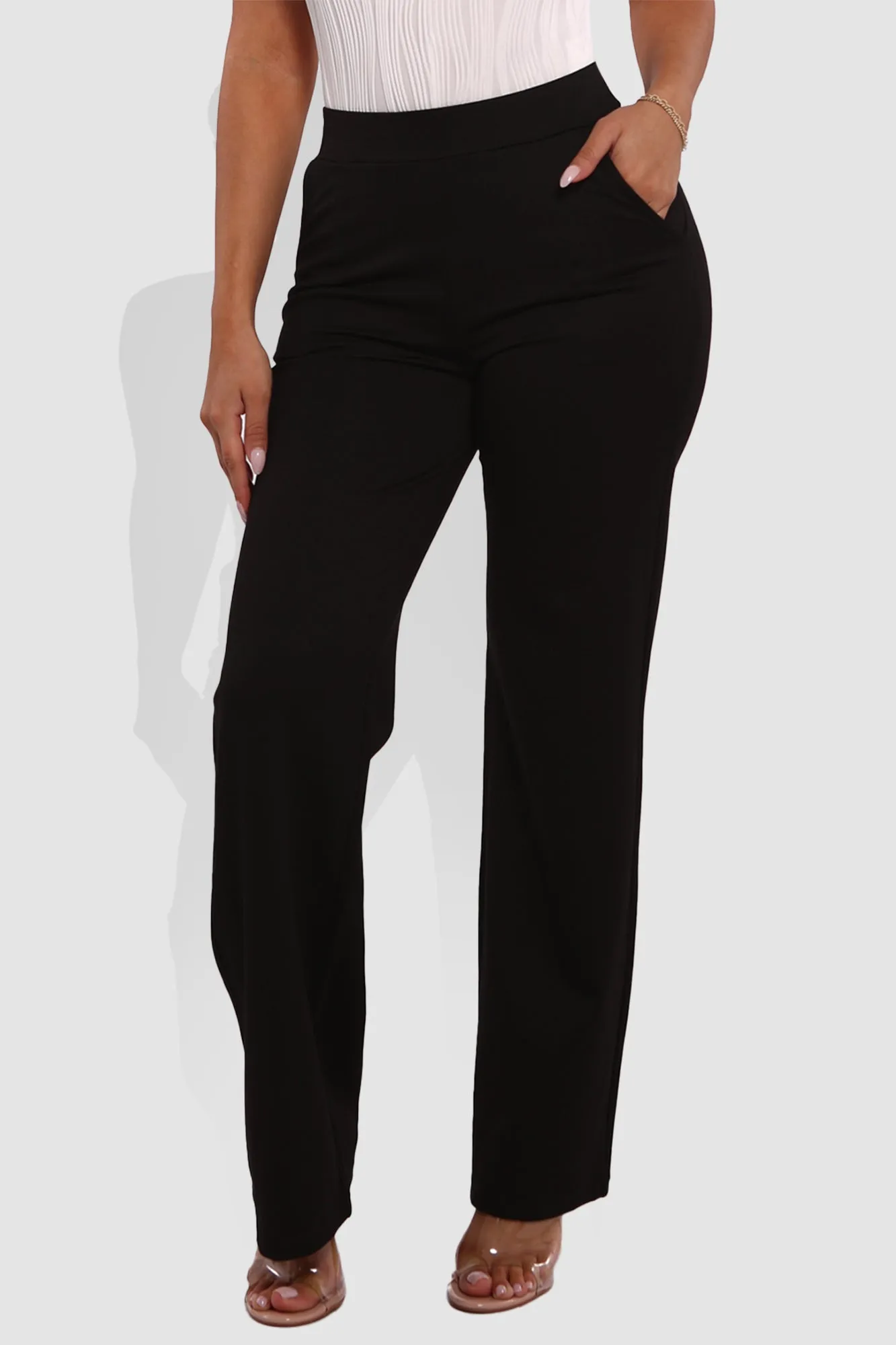 High Rise Smoothing Pull On Straight Leg Pants - Black