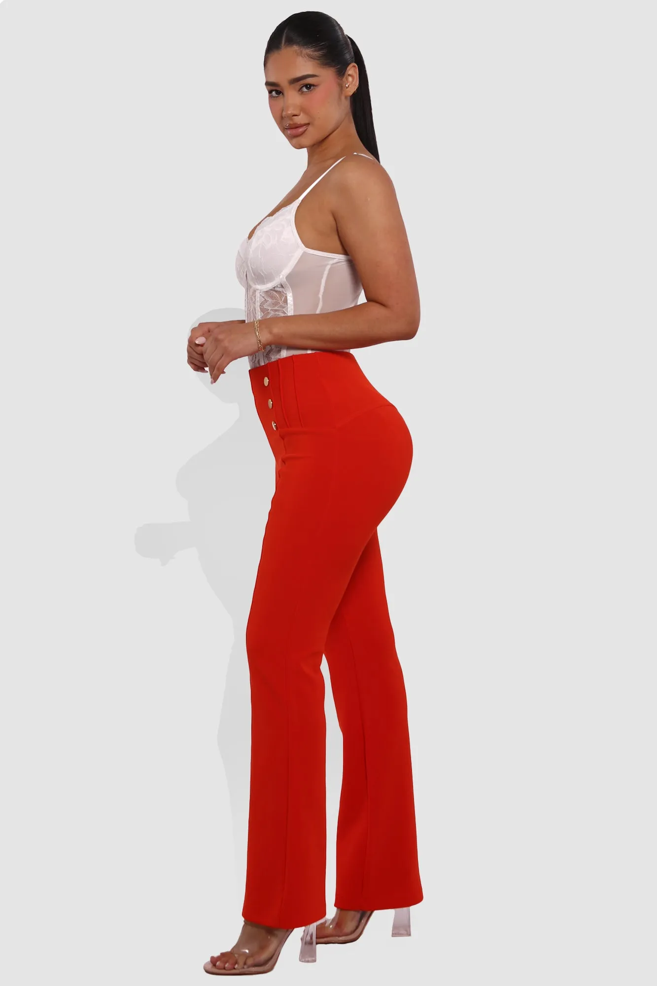 High Waist Sculpting Flare Pants With Metal Button Waist Detail - Vermilion