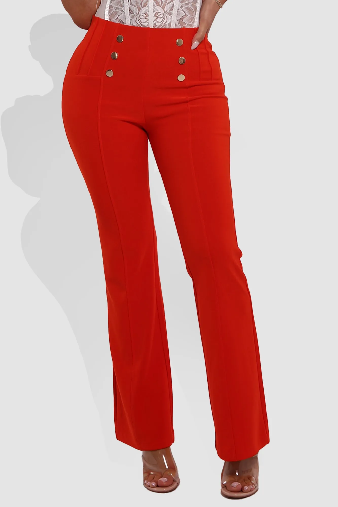 High Waist Sculpting Flare Pants With Metal Button Waist Detail - Vermilion