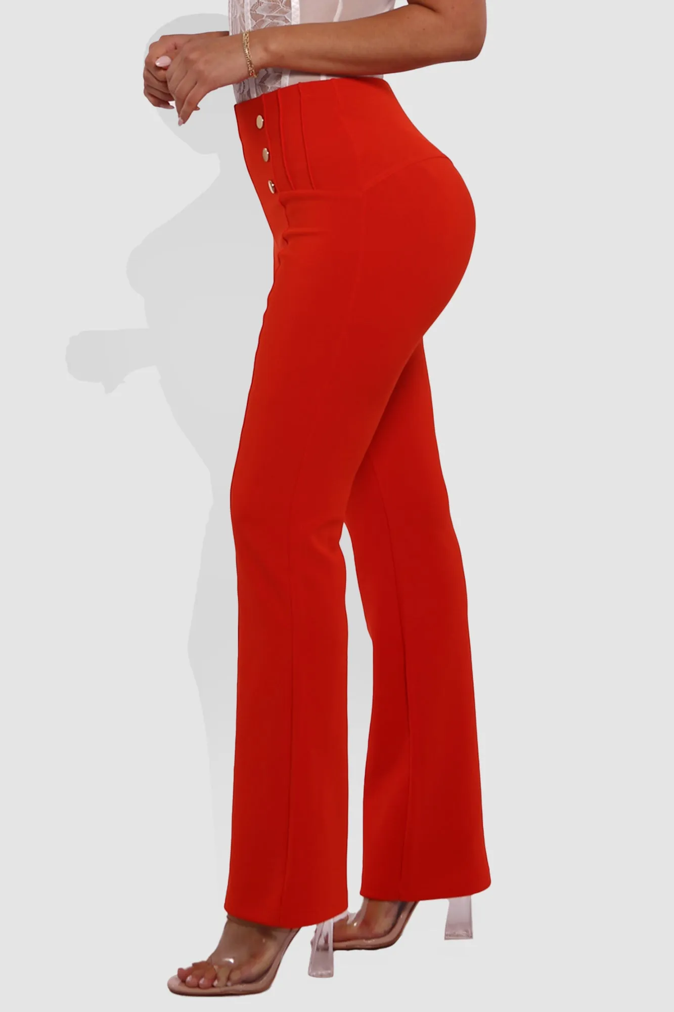 High Waist Sculpting Flare Pants With Metal Button Waist Detail - Vermilion