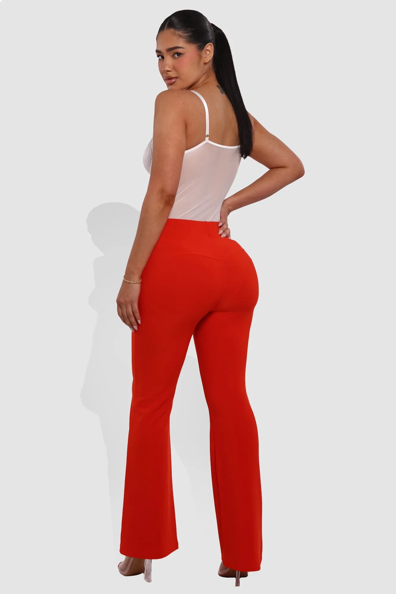 High Waist Sculpting Flare Pants With Metal Button Waist Detail - Vermilion