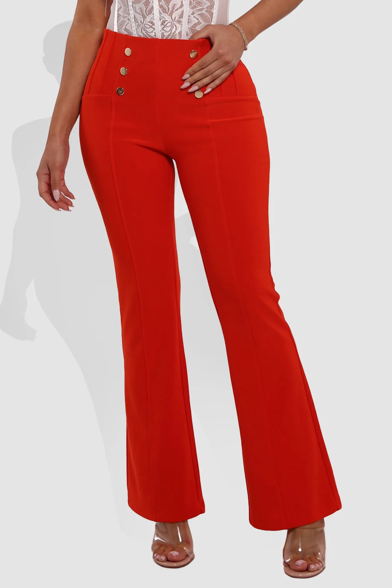 High Waist Sculpting Flare Pants With Metal Button Waist Detail - Vermilion