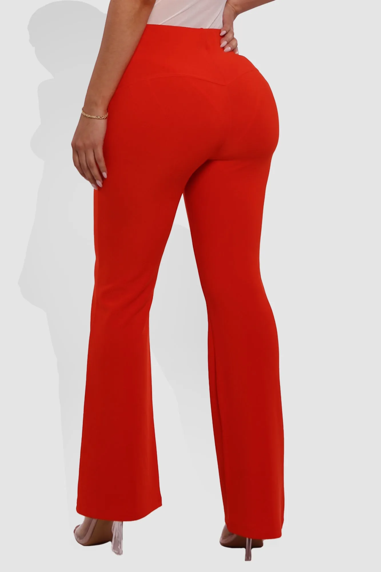 High Waist Sculpting Flare Pants With Metal Button Waist Detail - Vermilion