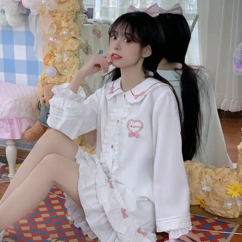 Kawaii Doll Collar Bow Embroidered Shirt