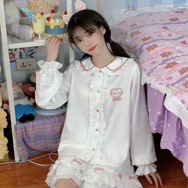 Kawaii Doll Collar Bow Embroidered Shirt