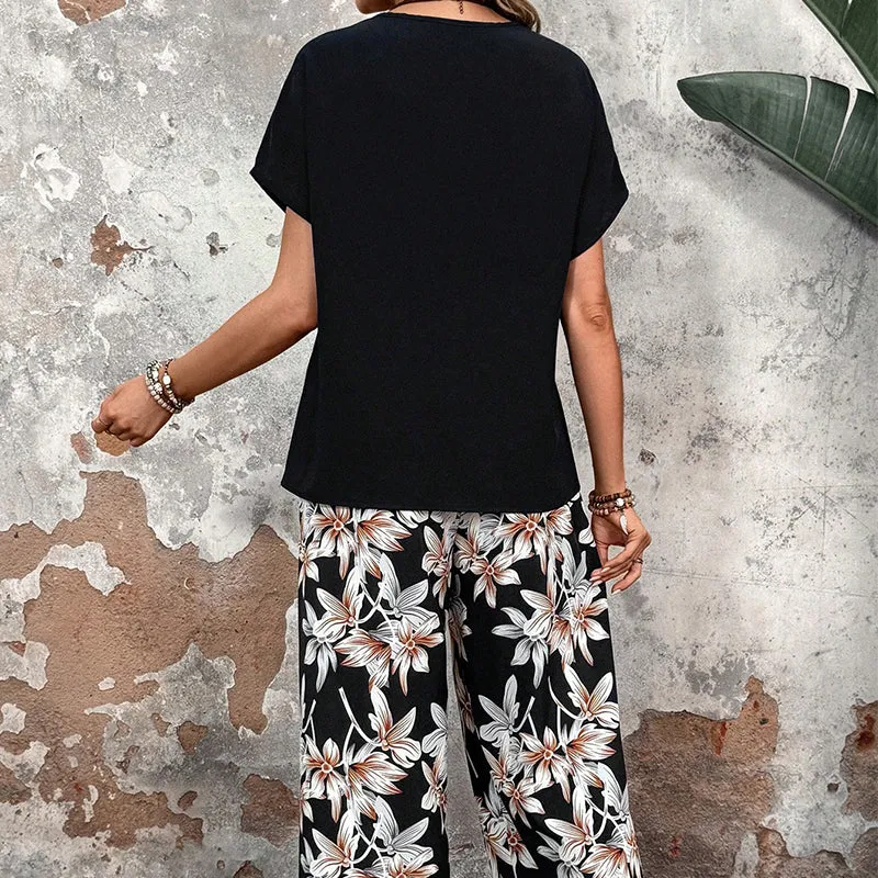 💕Limited Sale 50% OFF💕Women's Casual Floral Print Wide Leg Trousers and Short Sleeve Top Set✈️Free Shipping!!!
