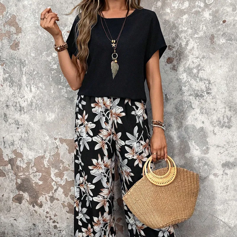 💕Limited Sale 50% OFF💕Women's Casual Floral Print Wide Leg Trousers and Short Sleeve Top Set✈️Free Shipping!!!
