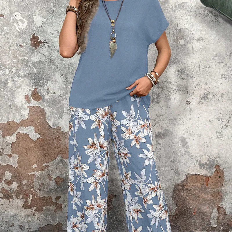 💕Limited Sale 50% OFF💕Women's Casual Floral Print Wide Leg Trousers and Short Sleeve Top Set✈️Free Shipping!!!
