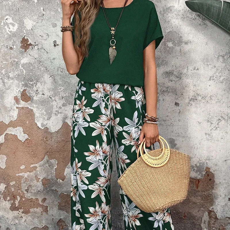 💕Limited Sale 50% OFF💕Women's Casual Floral Print Wide Leg Trousers and Short Sleeve Top Set✈️Free Shipping!!!