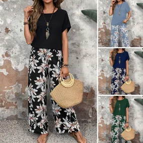 💕Limited Sale 50% OFF💕Women's Casual Floral Print Wide Leg Trousers and Short Sleeve Top Set✈️Free Shipping!!!