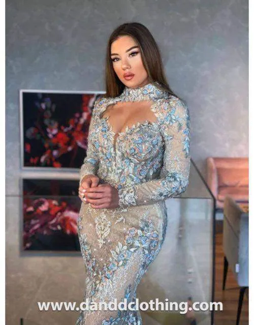 Luxury Light Blue Evening Dress With Sheer