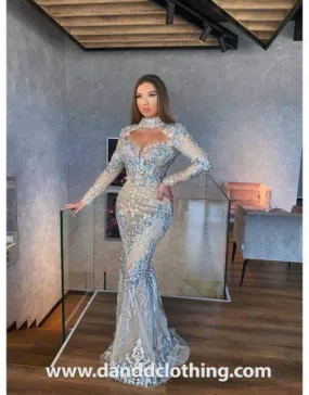 Luxury Light Blue Evening Dress With Sheer